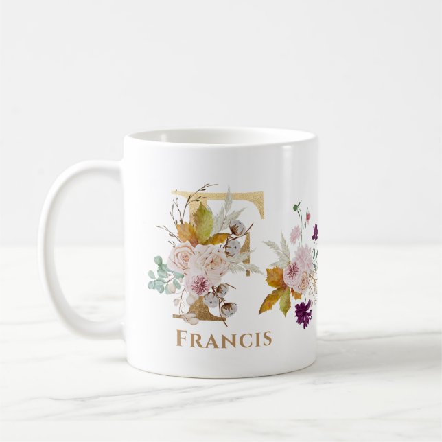 Letter F - Gold Floral Name sister coworker friend Coffee Mug (Left)