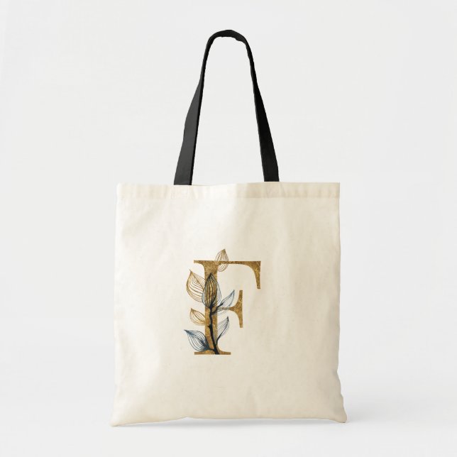 *~* Letter F Gold Monogram Initial Black Leaves Tote Bag (Front)
