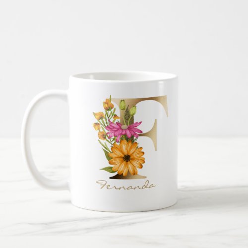 Letter F Gold Monogram  Pink Yellow Florals Green Coffee Mug