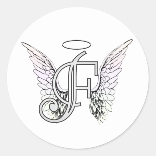 Letter F Initial Monogram with Angel Wings  Halo Classic Round Sticker