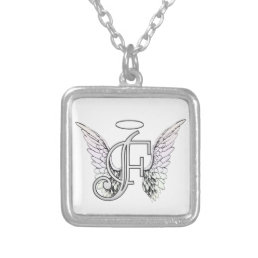 Letter F Initial Monogram with Angel Wings &amp; Halo Silver Plated Necklace