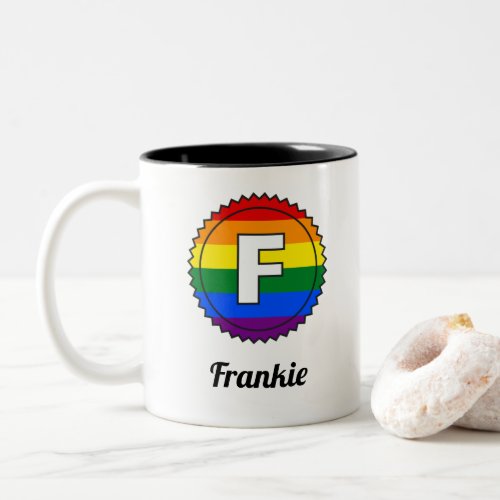Letter F Initial  Name Gay Pride Rainbow Monogram Two_Tone Coffee Mug