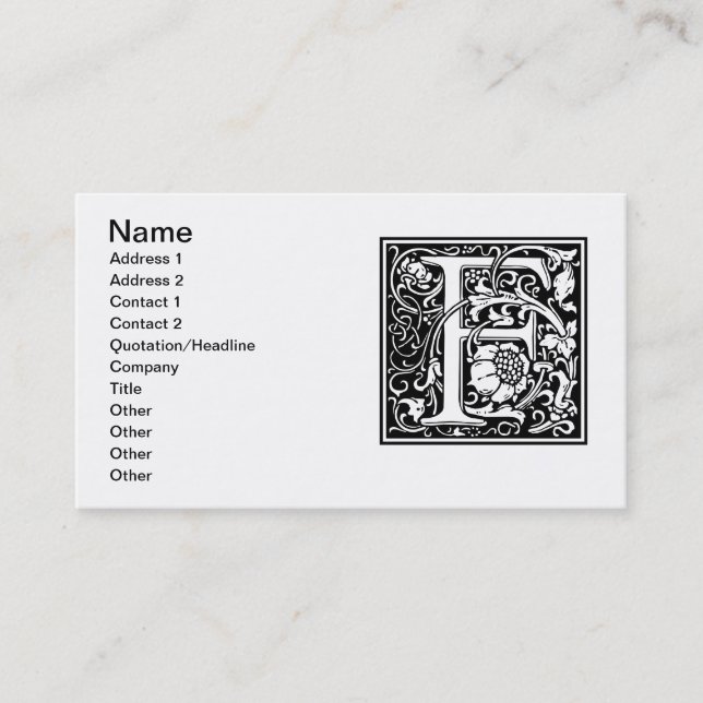 Letter F Medieval Monogram Art Nouveau Business Card (Front)