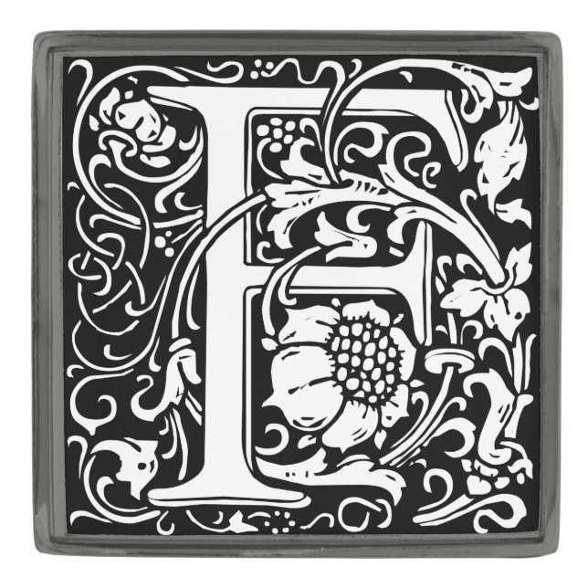 Letter F Medieval Monogram Art Nouveau Gunmetal Finish Lapel Pin (Front)
