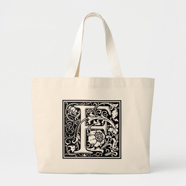 Letter F Medieval Monogram Art Nouveau Large Tote Bag (Front)