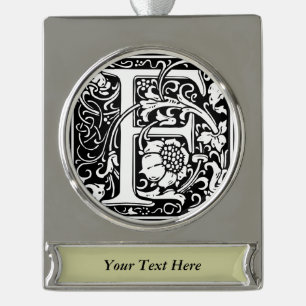 Letter F Medieval Monogram Art Nouveau Silver Plated Banner Ornament