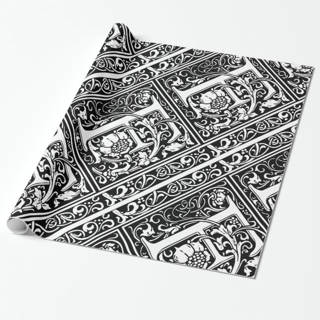 Letter F Medieval Monogram Art Nouveau Wrapping Paper (Unrolled)