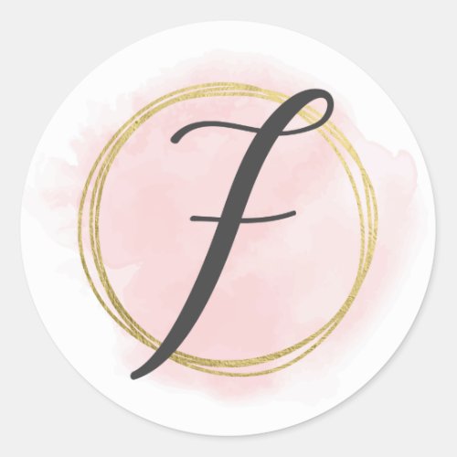 Letter F Monogram Blush Pink Watercolor Gold Chic Classic Round Sticker