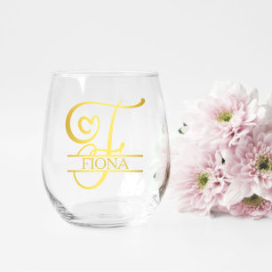 Letter F Monogram Bridesmaid Gift, Modern Elegant Stemless Wine Glass