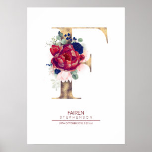 Letter F Monogram Floral Navy Blue and Burgundy Poster