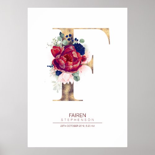 Letter F Monogram Floral Navy Blue and Burgundy Poster