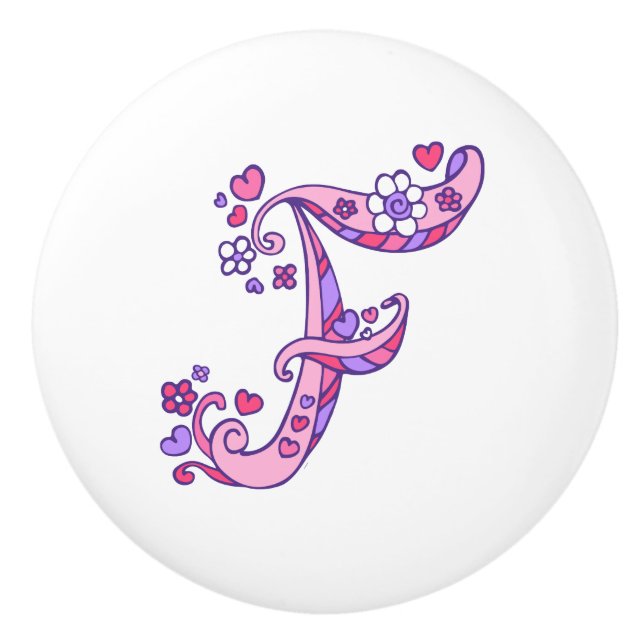 Letter F monogram hearts and flower pull knob (Front)