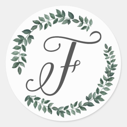 Letter F Monogram Minimalist Botanical Leaf Wreath Classic Round Sticker