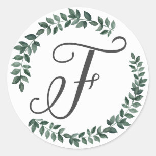 Letter F Monogram Minimalist Botanical Leaf Wreath Classic Round Sticker