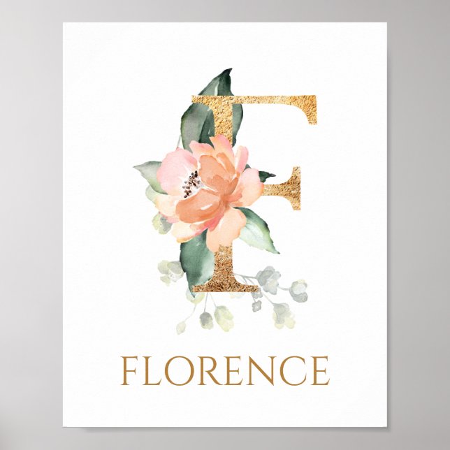 Letter F Monogram Pink Peach rose Nursery Poster (Front)