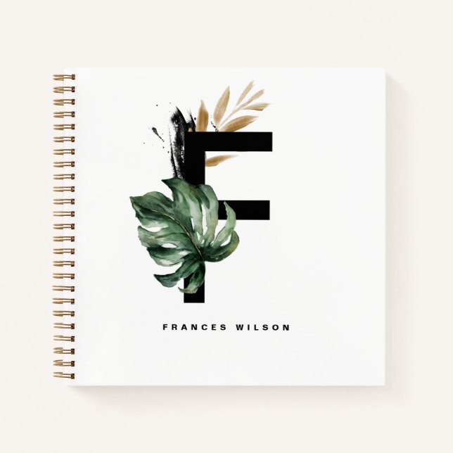  Letter F Monogram | Tropical Leaves Personalized Notebook (Front)