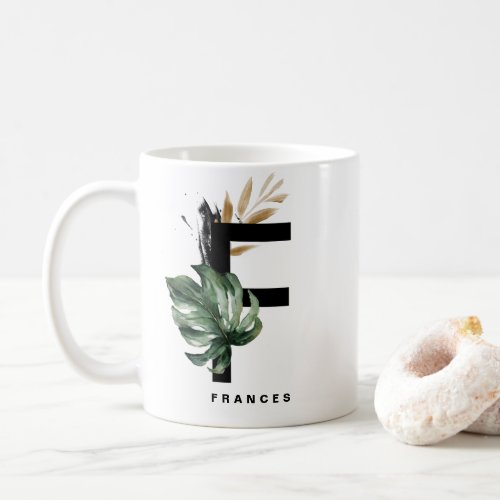 Letter F Monogram  Tropical Monstera Personalized Coffee Mug