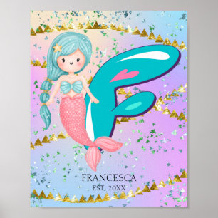 Letter F Monogram Watercolor Cute Mermaid Nursery Poster