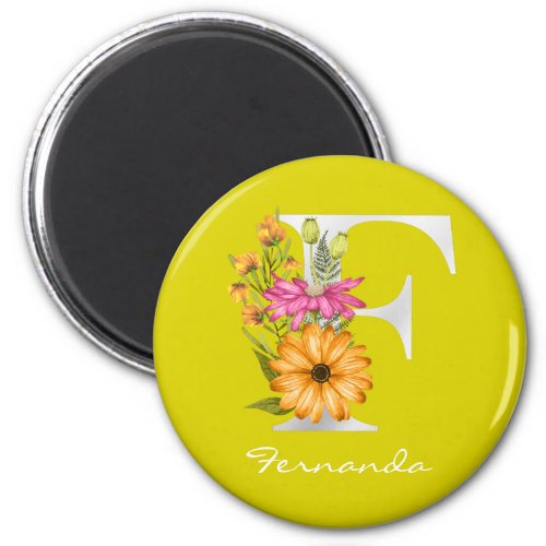 Letter F  Name  Floral White Metallic Monogram Magnet