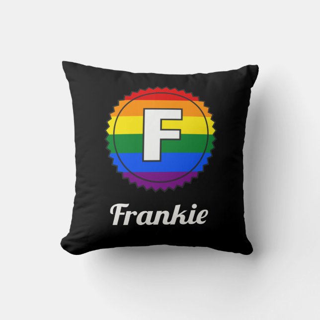 Letter F Name Gay Pride Rainbow Monogram - Black Throw Pillow (Front)