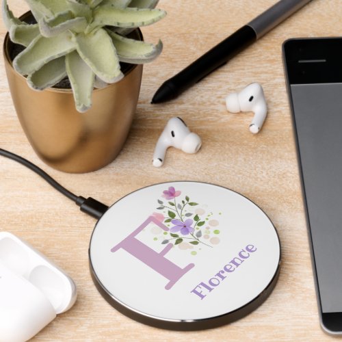 Letter F plus First Name with a Floral Design Wireless Charger