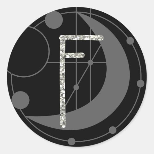 Letter F Rune Runic Monogram Geometric Moon Black Classic Round Sticker