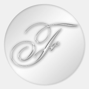 Letter F script initial faux silver monogram favor Classic Round Sticker
