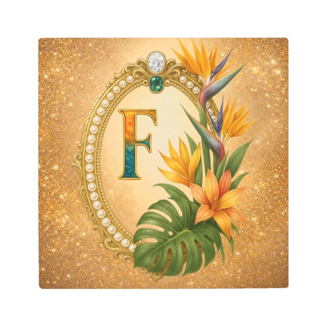 Letter F Tropical Monogram Gold Metal Wall Art (Front)