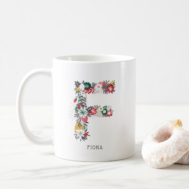 Letter F | Whimsical Floral Letter Monogram I Mug (With Donut)