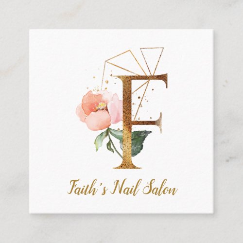 Letter F with Gold Geometric Design and Flowers Square Business Card