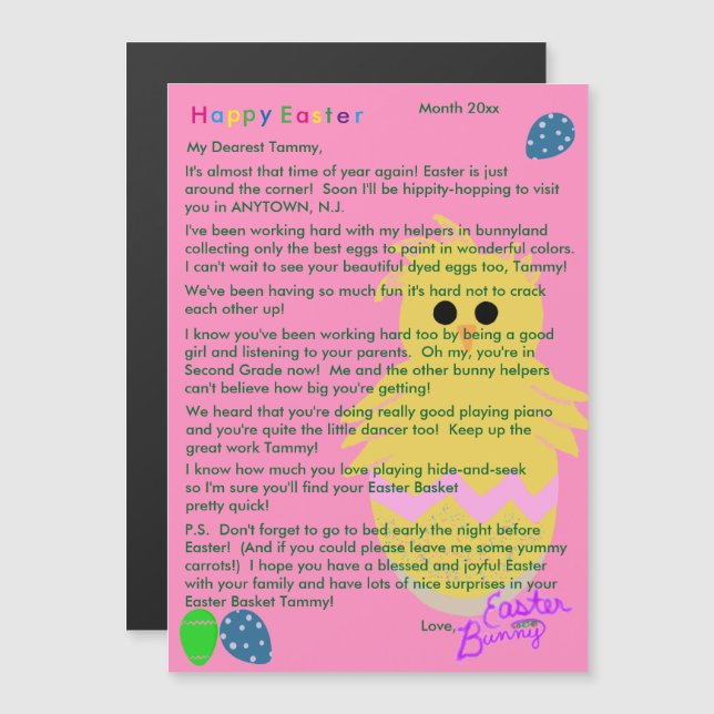 Letter from Easter Bunny Pink Yellow Chick Egg (Front/Back)