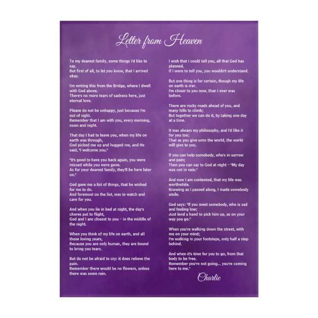 Letter From Heaven - Personalize with Pet's Name Acrylic Print (Front)