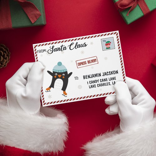 Letter from Santa cute penguin elf stamp Envelope