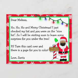 Letter from Santa for Kids + Coloring Page on Back Postcard