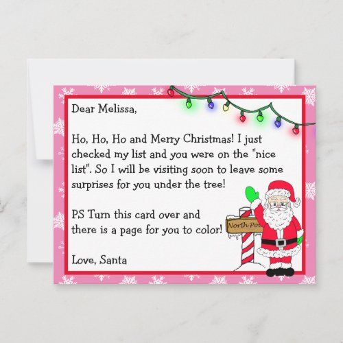 Letter from Santa for Kids  Coloring Page on Back Postcard