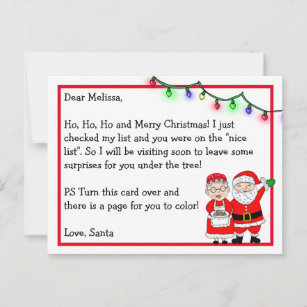 Letter from Santa for Kids   Coloring Page on Back Postcard