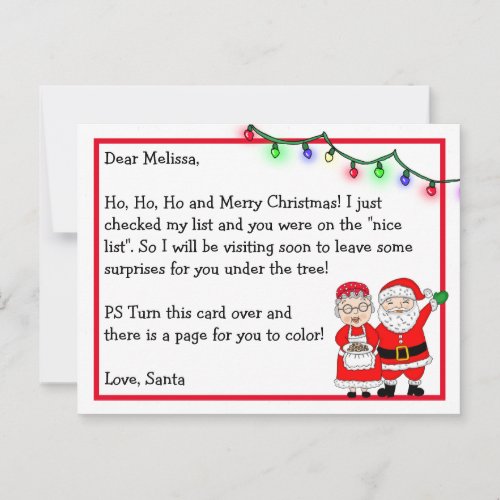 Letter from Santa for Kids  Coloring Page on Back Postcard