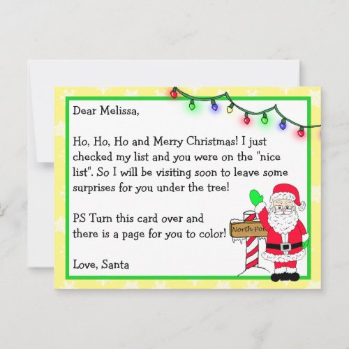 Letter from Santa for Kids  Coloring Page on Back Postcard