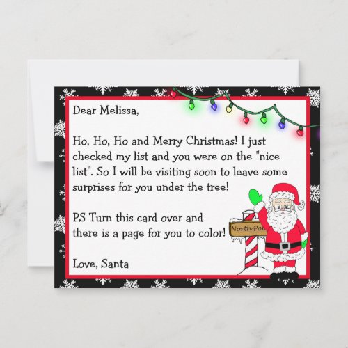 Letter from Santa for Kids  Coloring Page on Back Postcard