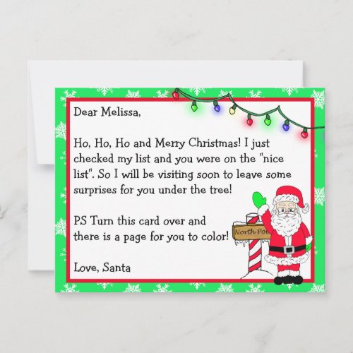 Letter from Santa for Kids  Coloring Page on Back Postcard