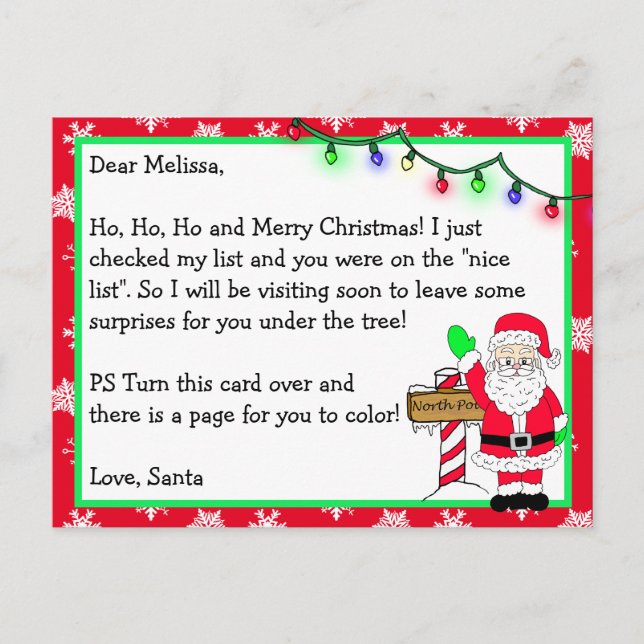 Letter from Santa for Kids + Coloring Page on Back Postcard (Front)