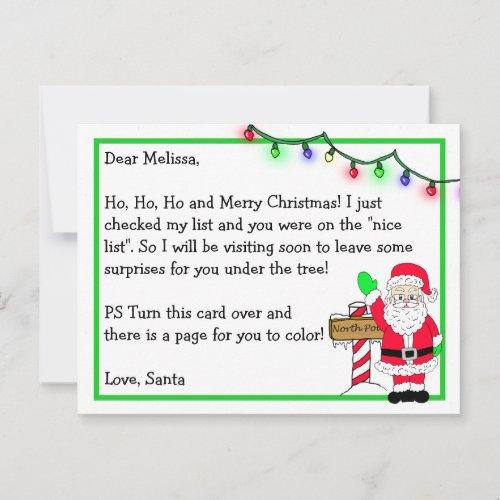 Letter from Santa for Kids  Coloring Page on Back Postcard