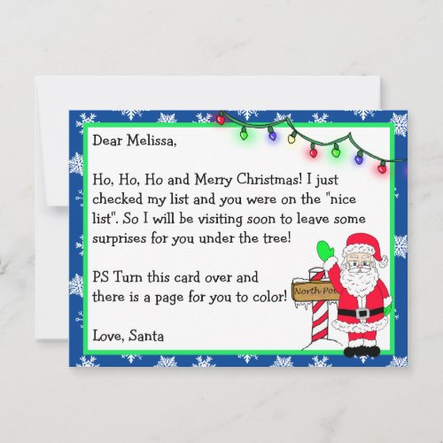 Letter from Santa for Kids  Coloring Page on Back Postcard