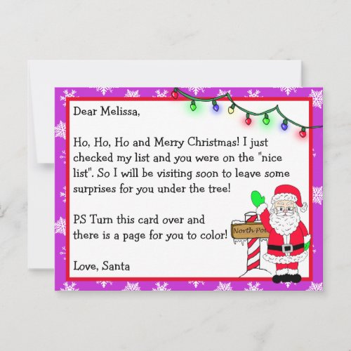 Letter from Santa for Kids  Coloring Page on Back Postcard