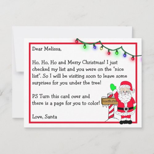 Letter from Santa for Kids  Coloring Page on Back Postcard