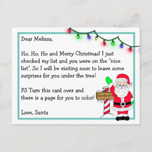 Letter from Santa for Kids + Coloring Page on Back Postcard