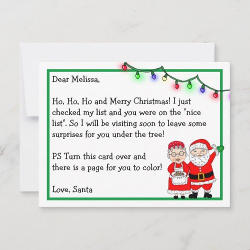 Letter from Santa for Kids  Coloring Page on Back Postcard