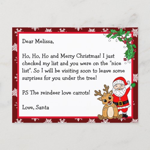 Letter from Santa Nice List for Kids  Postcard