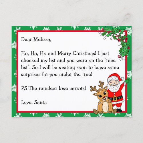 Letter from Santa Nice List for Kids   Postcard