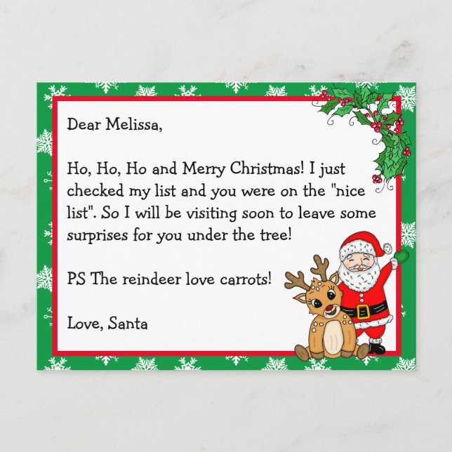 Letter from Santa, Nice List, for Kids   Postcard (Front)
